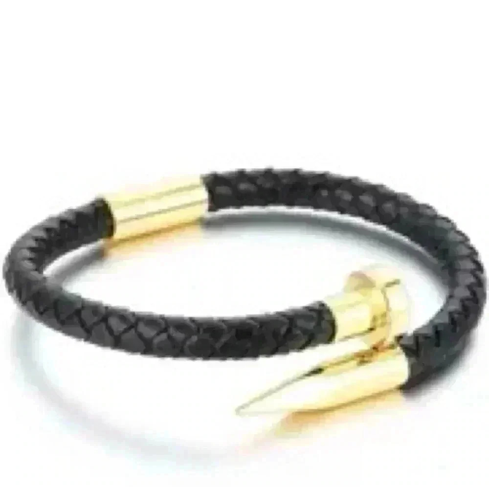 Men’s Black Leather & Gold Nail Bracelet